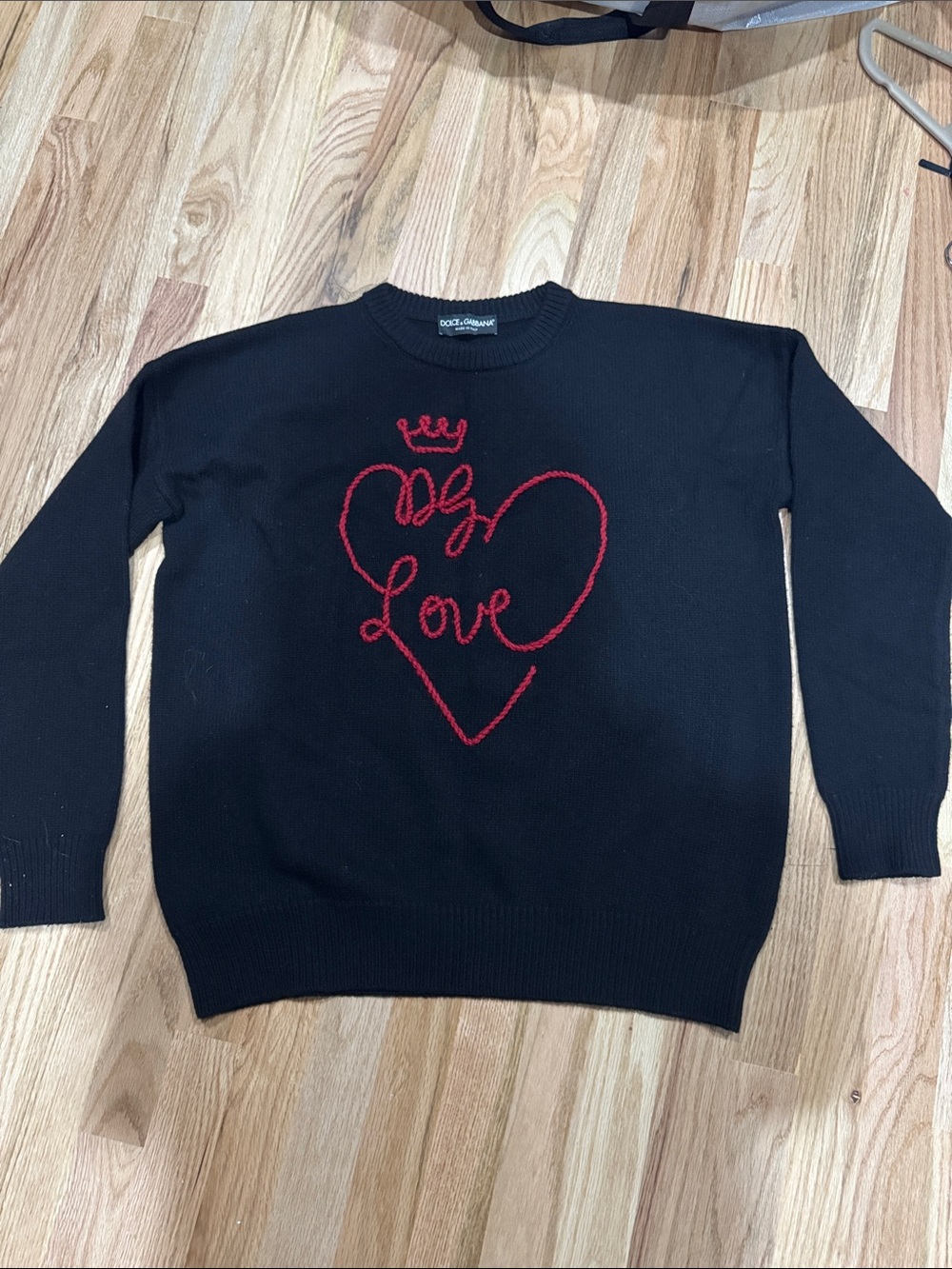 Dolce & Gabbana Black Crewneck Sweater with Red Heart and 'Love' Script